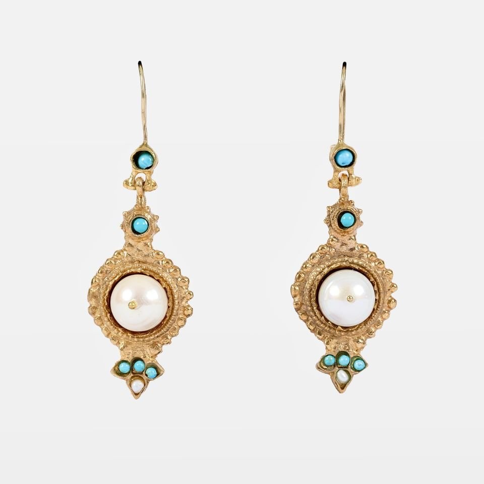 Gold Plated Pearl and Turquoise Stone Gold Earring