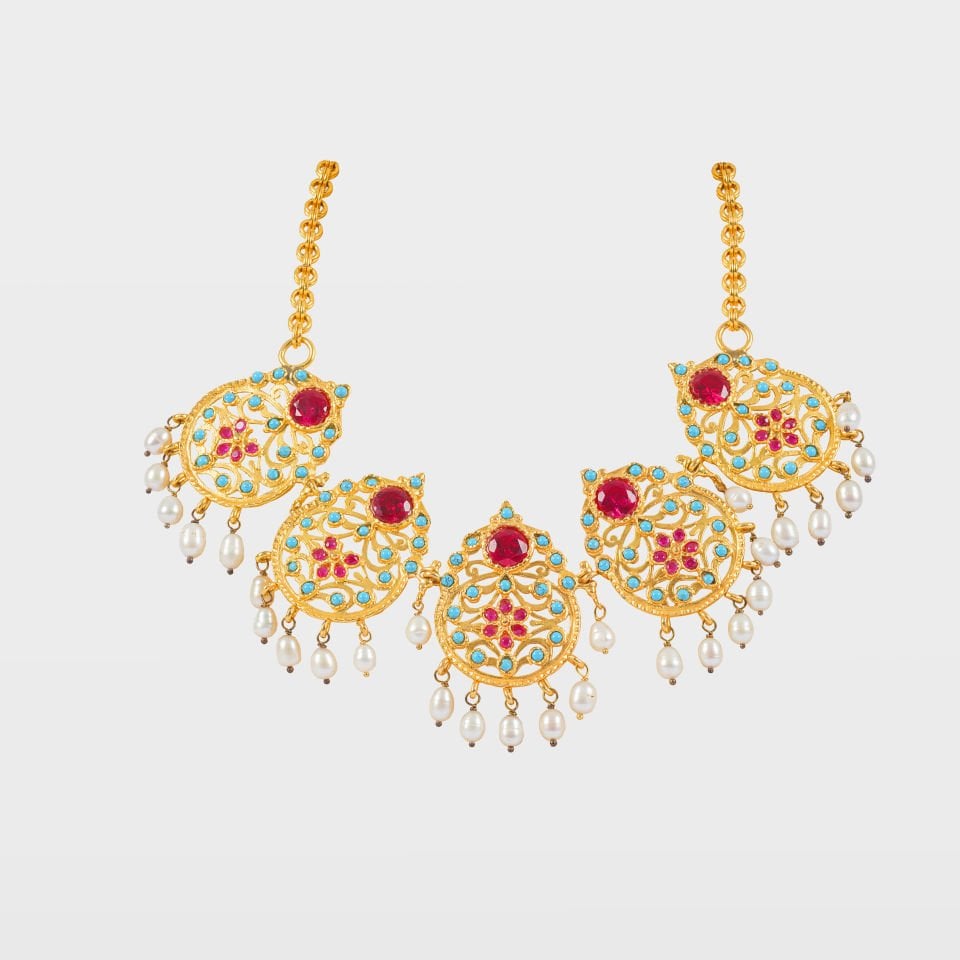 Gold Plated Pearl and Stone Detailed Necklace