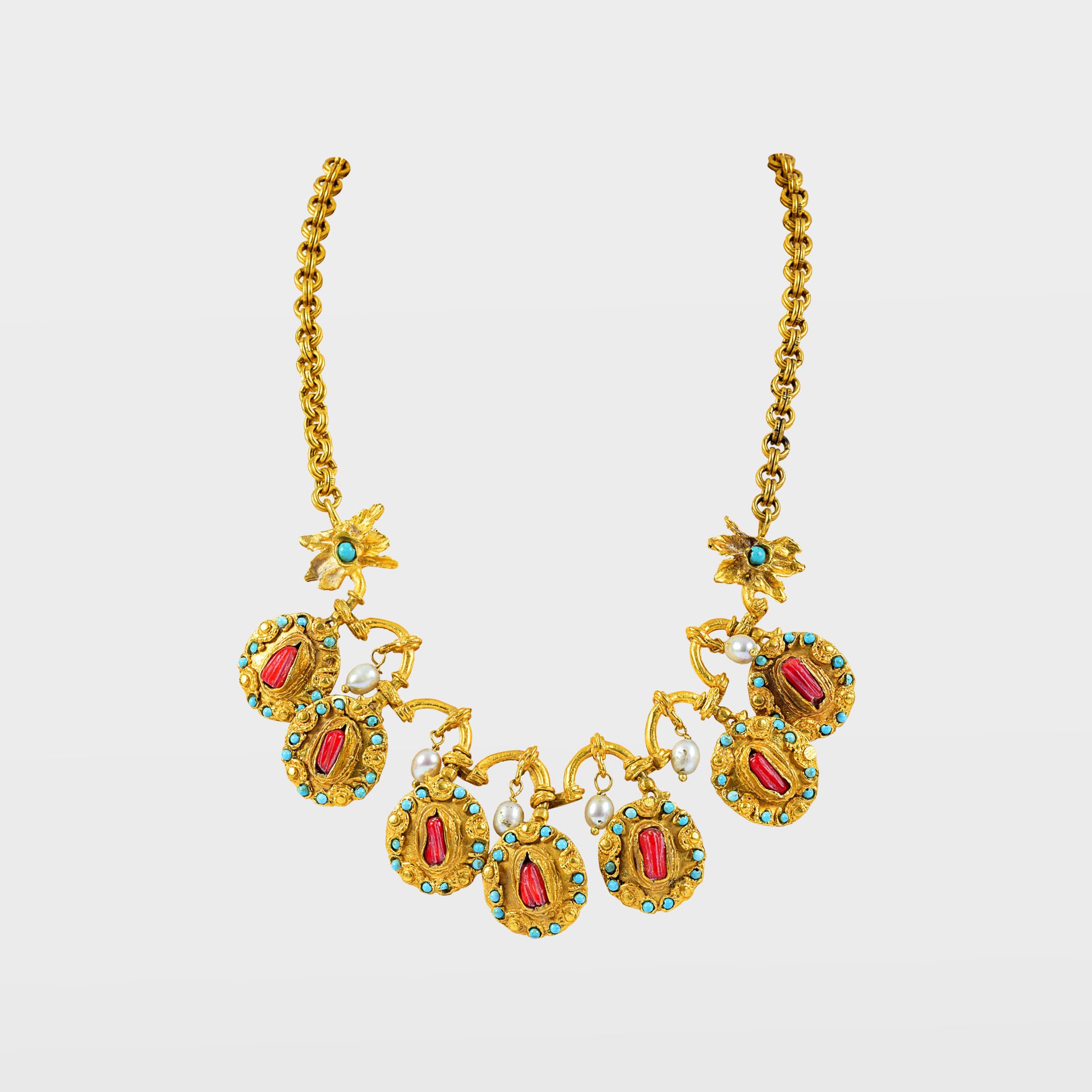 Gold Plated Turquoise and Red Stone Detailed Necklace