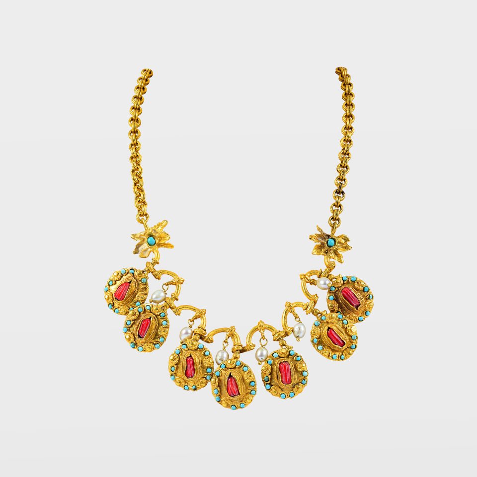 Gold Plated Turquoise and Red Stone Detailed Necklace
