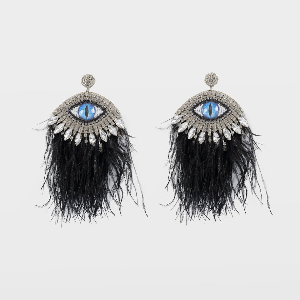 Feather Eye Swarovski Earrings Black
