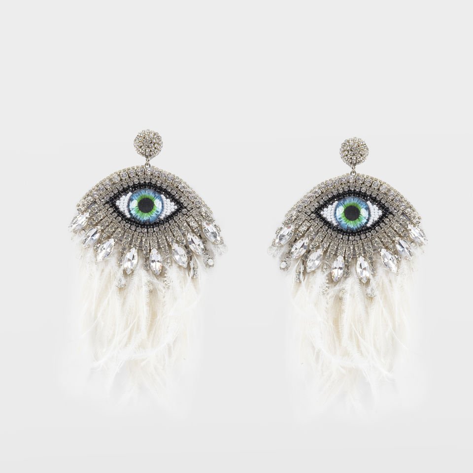 Swarovski Stone White Feather Green Eye Earrings