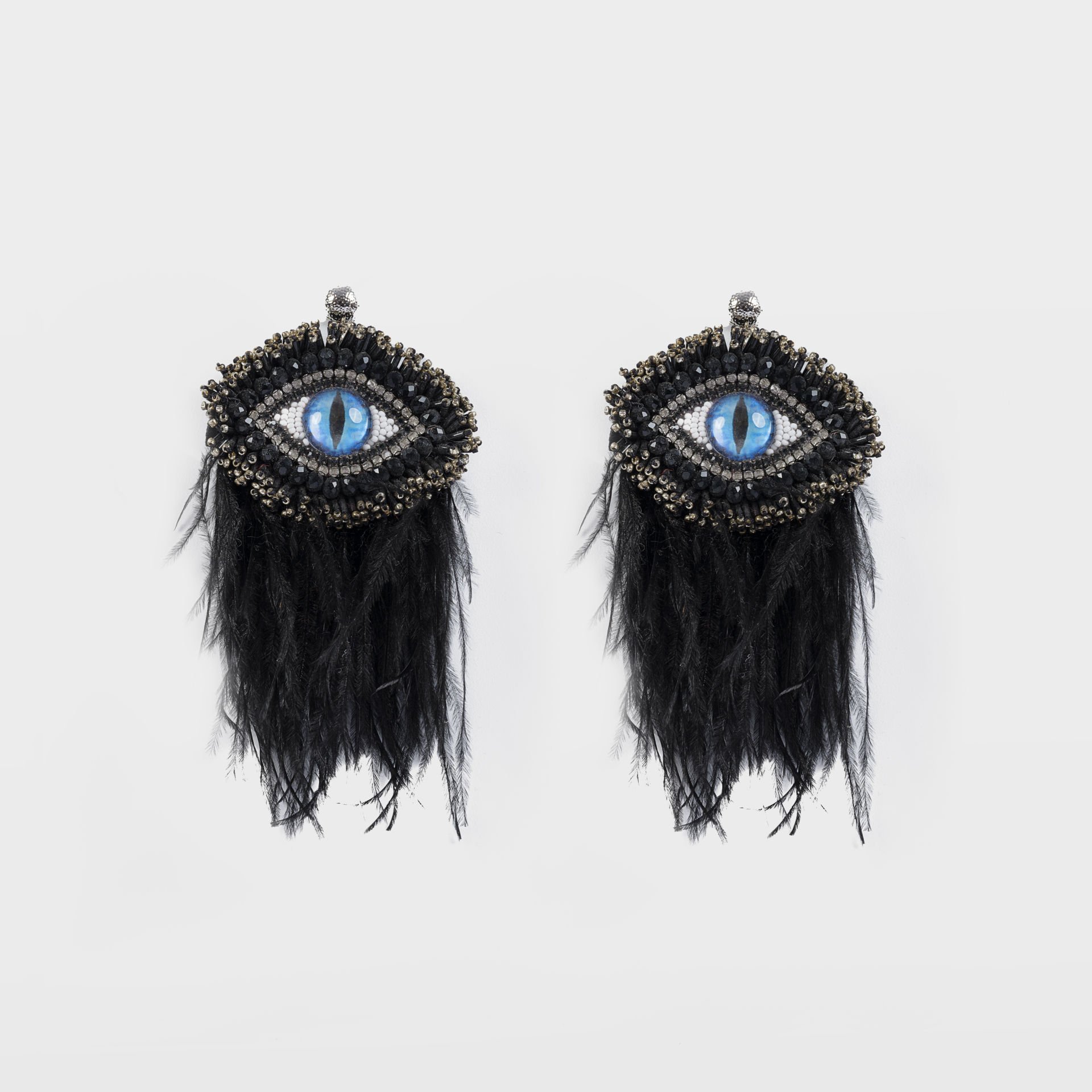 Feathered Blue Eye Black Earrings
