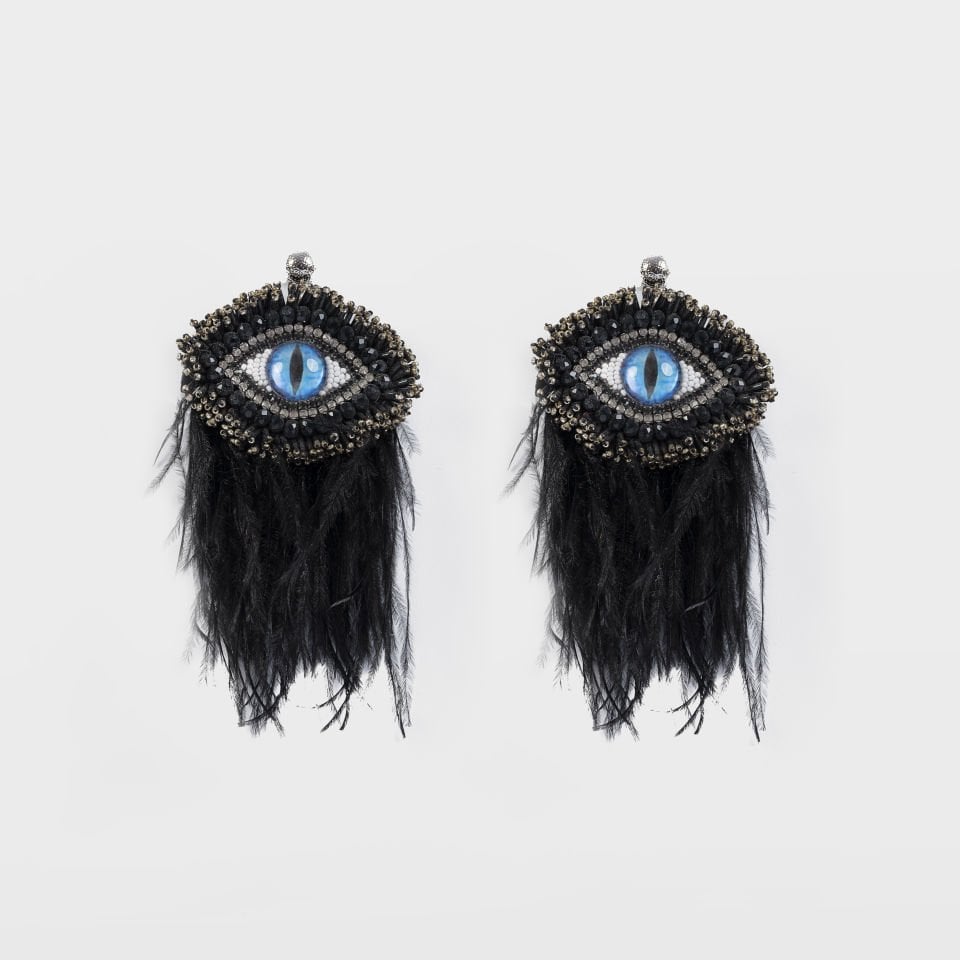 Feathered Blue Eye Black Earrings