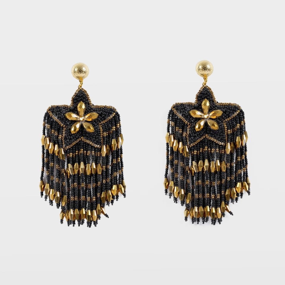 Black and Gold Beaded Detailed Dangle Earrings