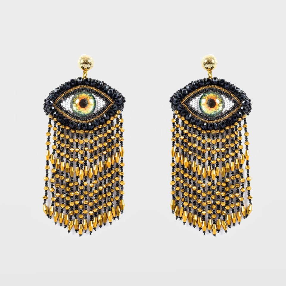 Black and Gold Beaded Detailed Dangling Earrings
