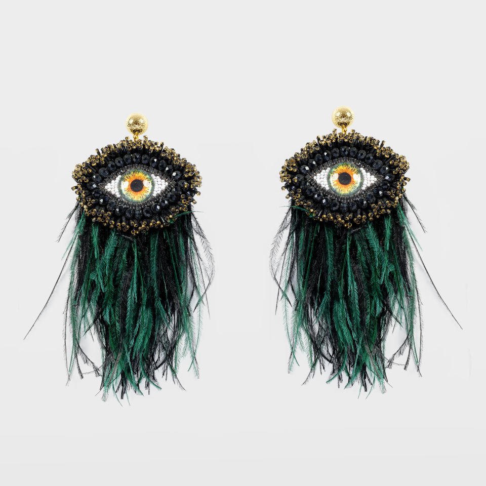 Feathered Green Eye Black Earrings