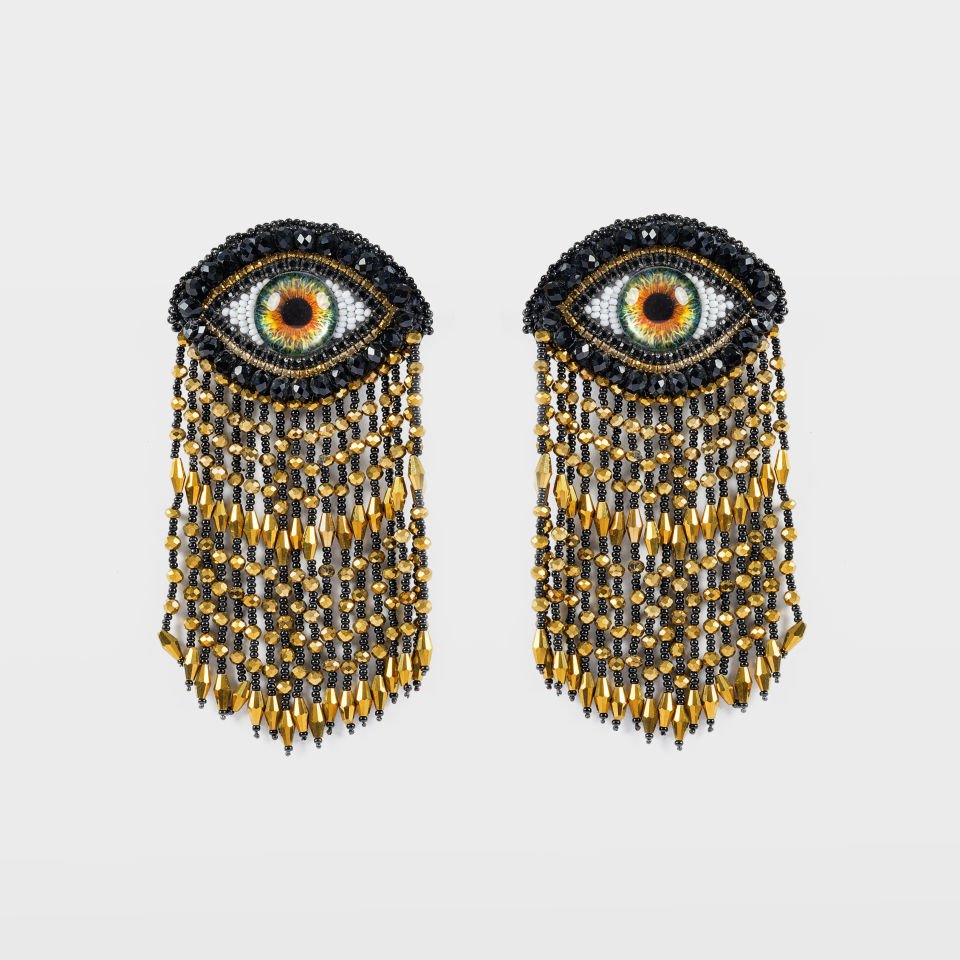 Black and Gold Beaded Detailed Dangling Earrings