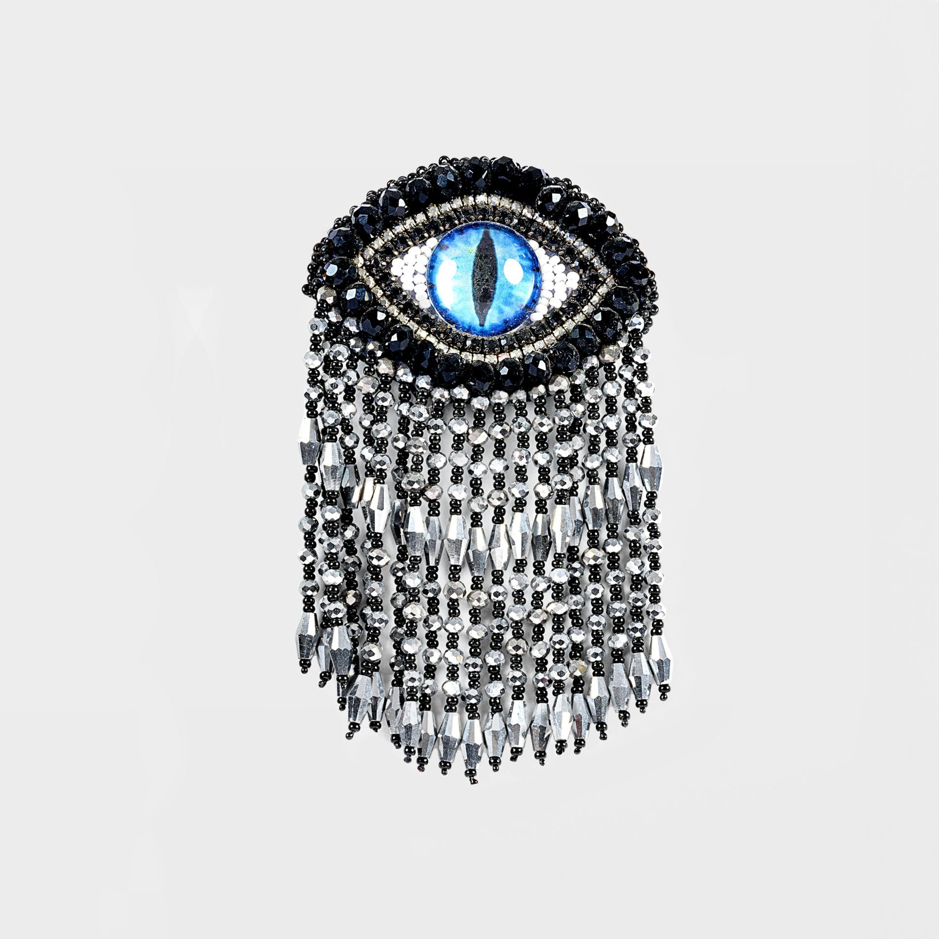 Black and Silver Beaded Eye Brooch