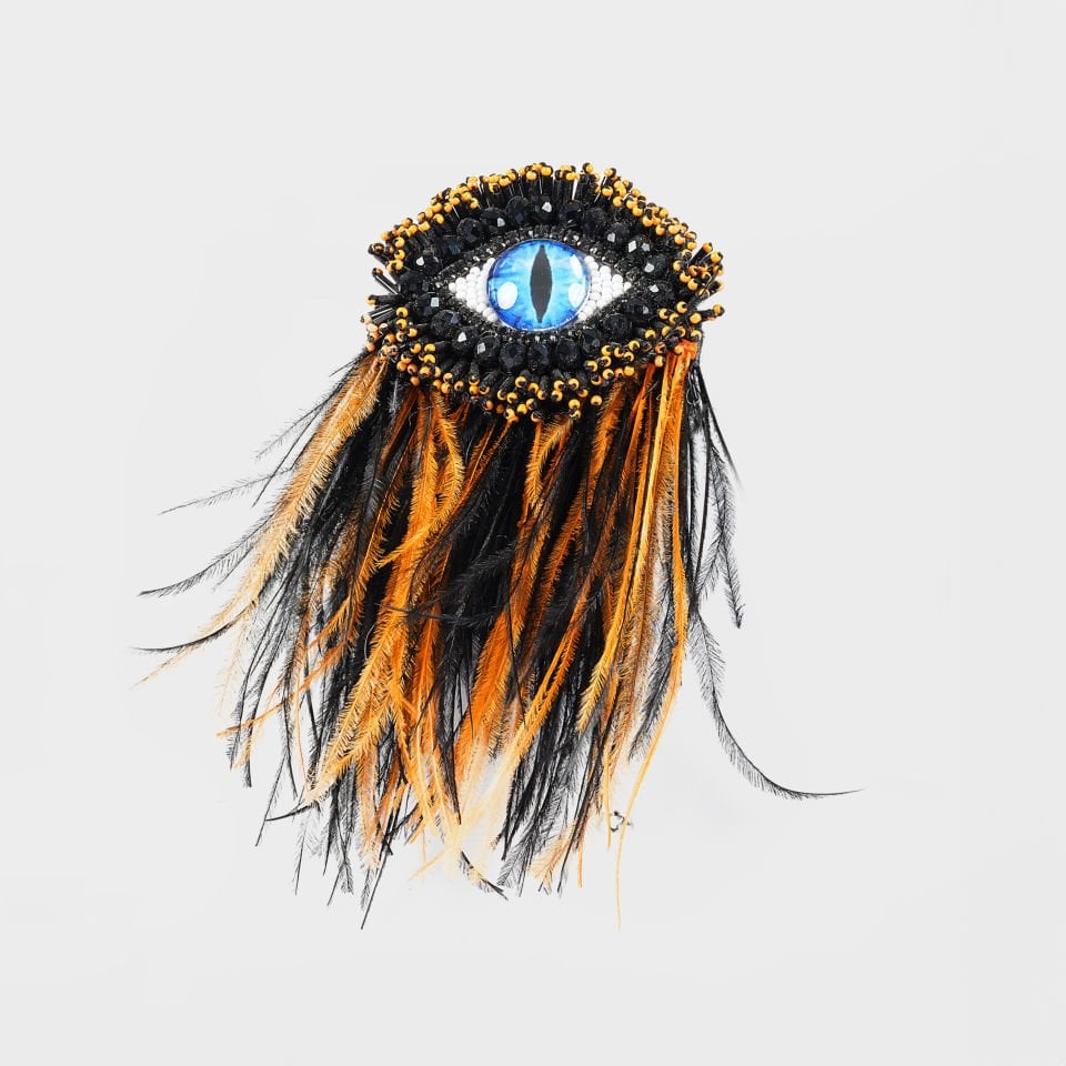Blue Eyed Orange Feather Brooch