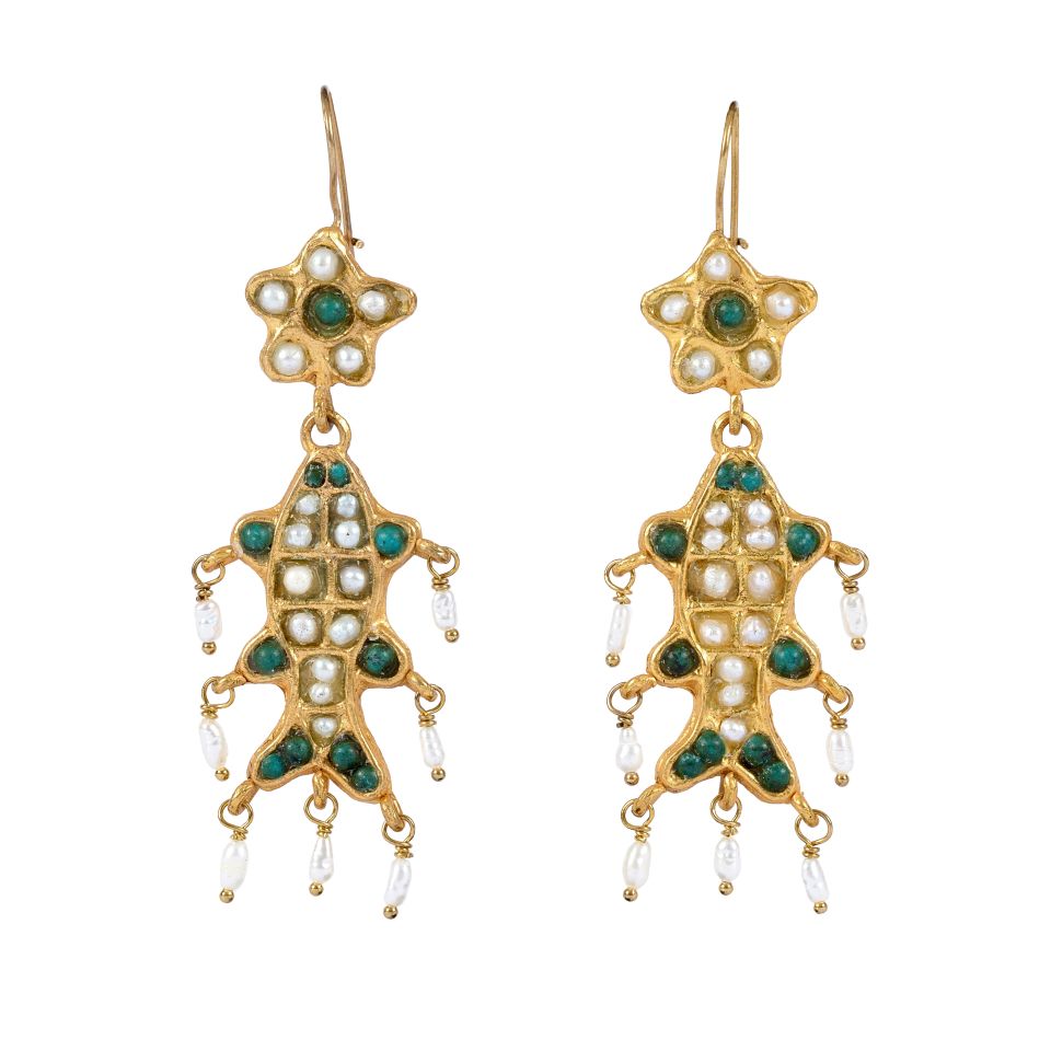 Gold Plated Earrings with Emerald and Pearl Details
