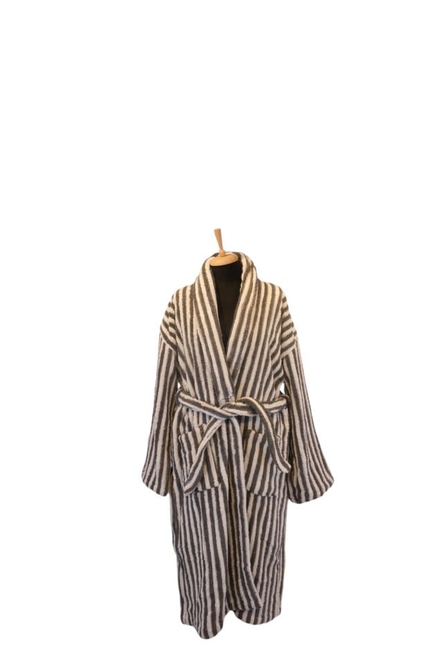 Turkish Bathrobe - Hand-Woven Cream Gray Striped Turkish Cotton Bathrobe