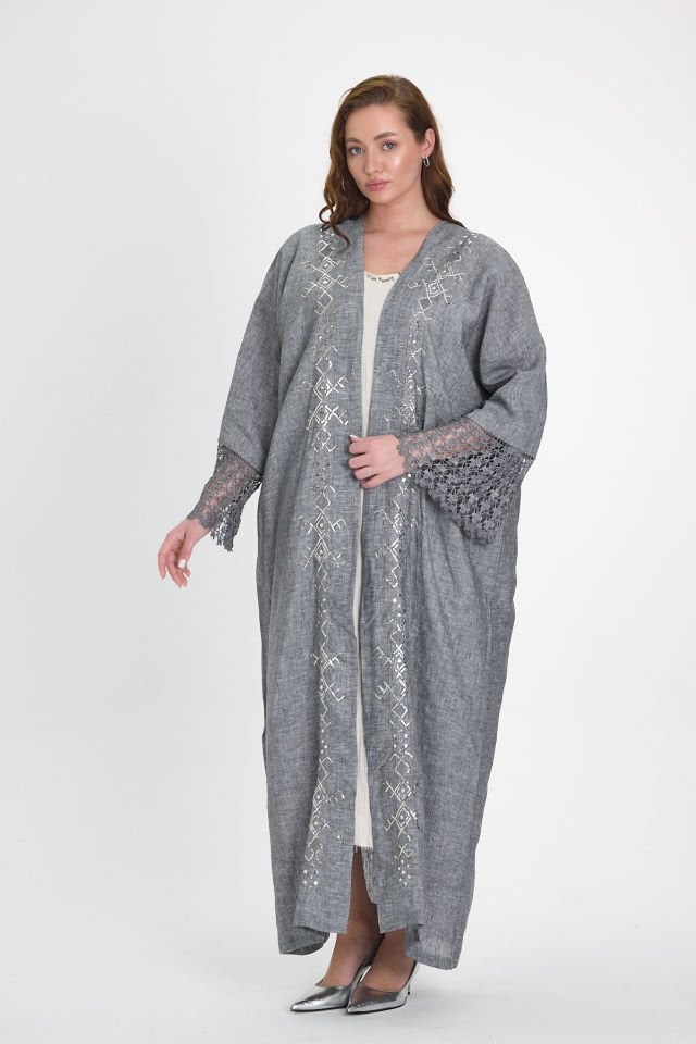 Grey Crochet and Sarma with Silver Thread Abaya