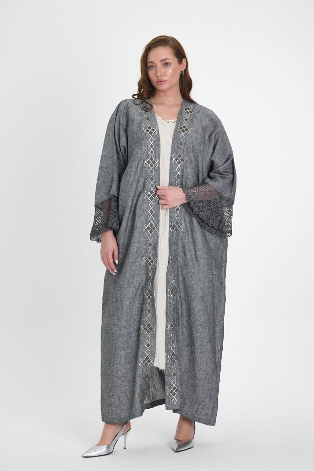 Dark Grey Crochet and Sarma with Silver Thread Abaya