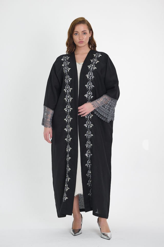 Black Crochet and Sarma with Silver Thread Abaya