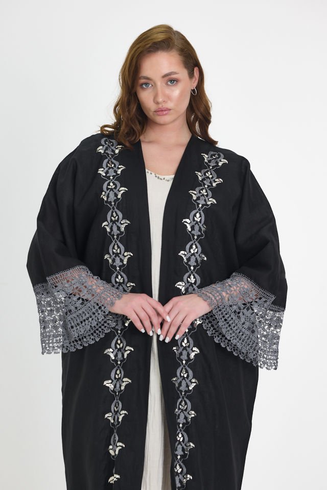 Black Crochet and Sarma with Silver Thread Abaya