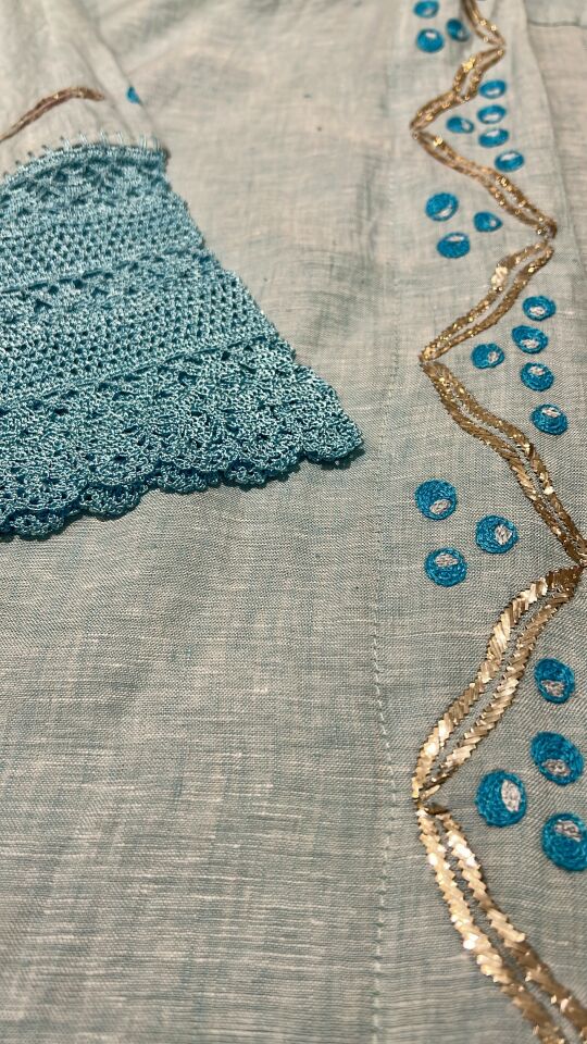 Crochet and Sarma with Silver Thread Turquoise Color Handmade Abaya