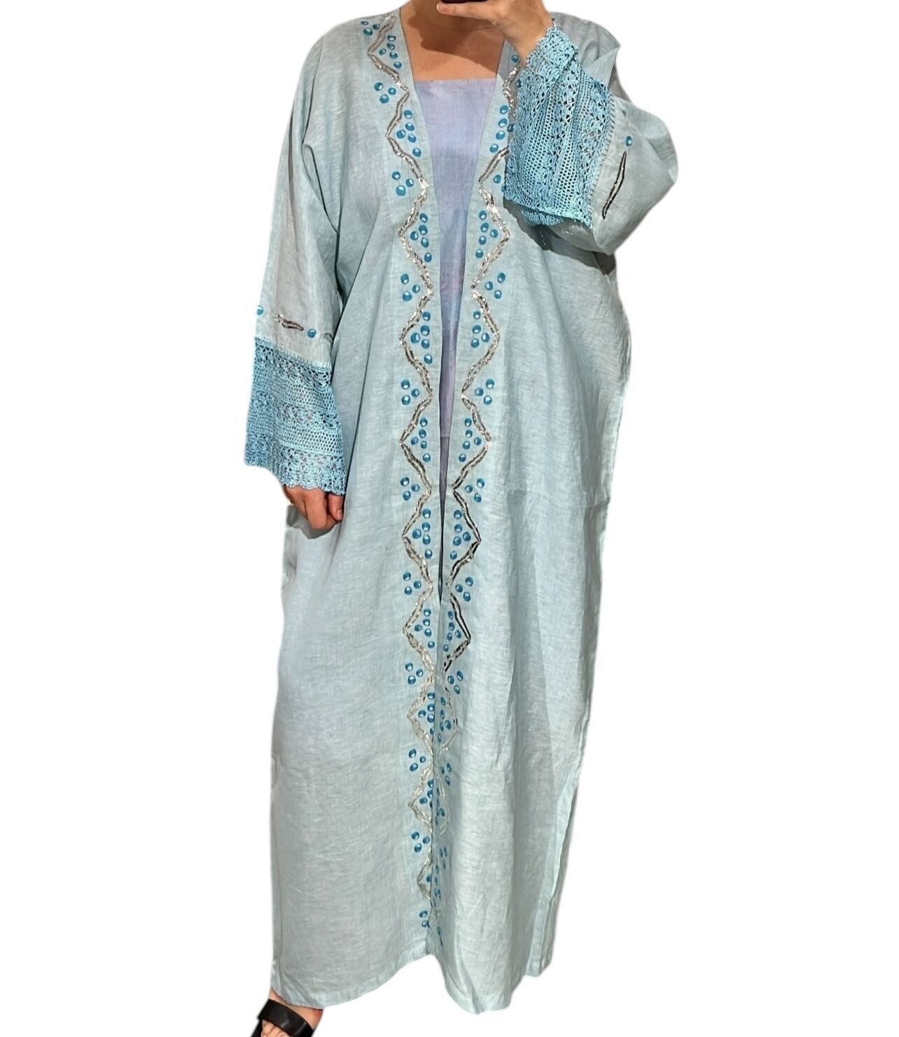 Crochet and Sarma with Silver Thread Turquoise Color Handmade Abaya