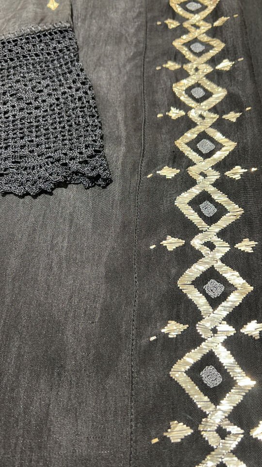 Black Color Crochet and Sarma with Silver Thread Washed Silk Fabric Abaya