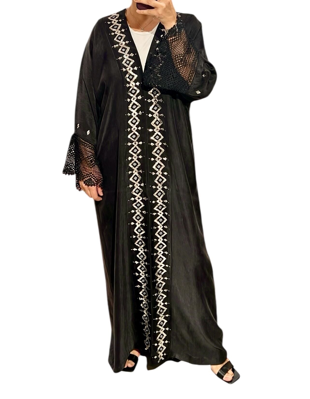 Black Color Crochet and Sarma with Silver Thread Washed Silk Fabric Abaya