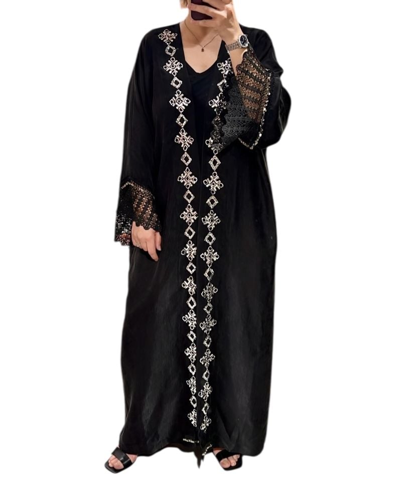 Black Crochet and Sarma with Silver Thread Washed Silk Fabric Abaya