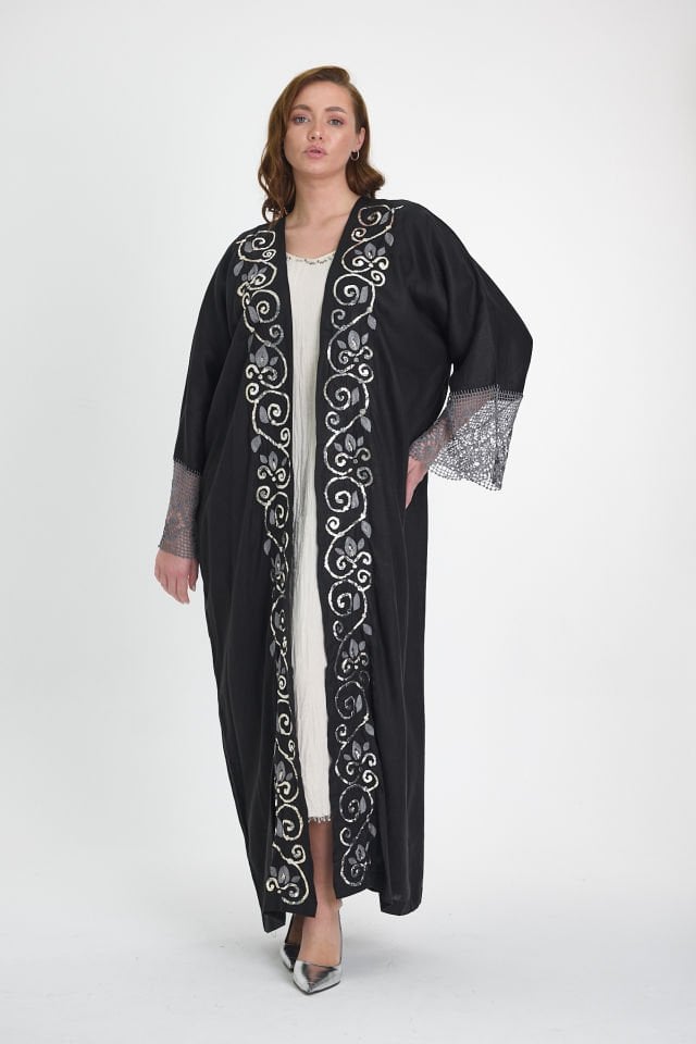 Black Crochet and Sarma with Silver Thread Abaya