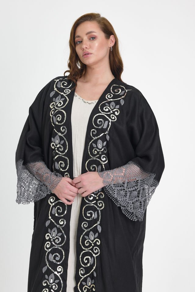 Black Crochet and Sarma with Silver Thread Abaya