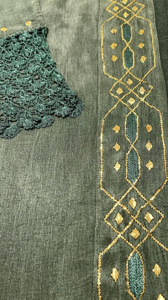 Crochet and Sarma with Gold Thread  Washed Silk Fabric Dark Green Color Handmade Abaya