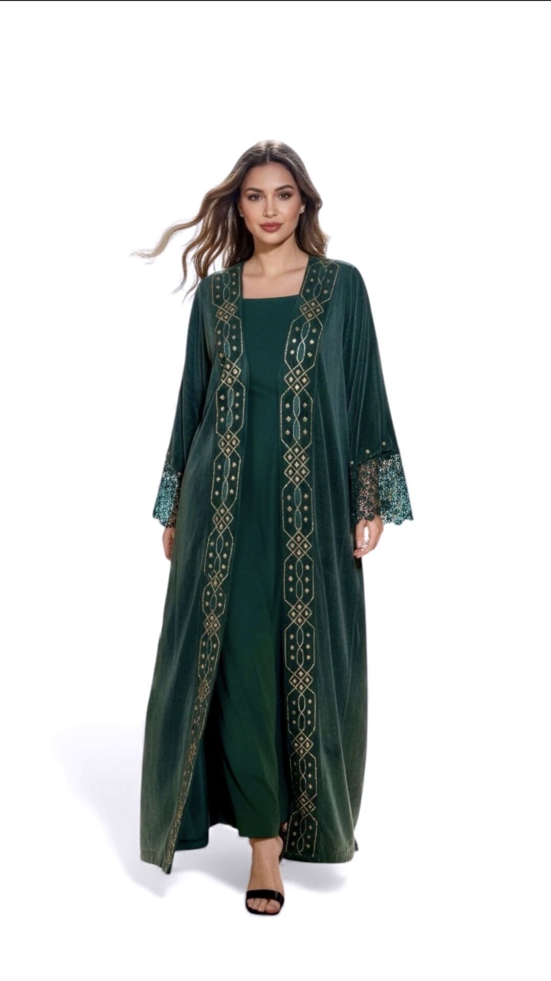 Crochet and Sarma with Gold Thread  Washed Silk Fabric Dark Green Color Handmade Abaya