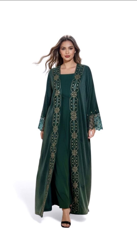 Crochet and Sarma with Gold Thread  Washed Silk Fabric Dark Green Color Handmade Abaya