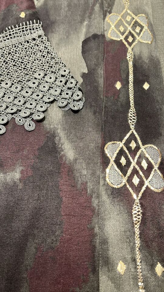 Crochet and Sarma with Silver Thread Washed Silk Fabric Abaya