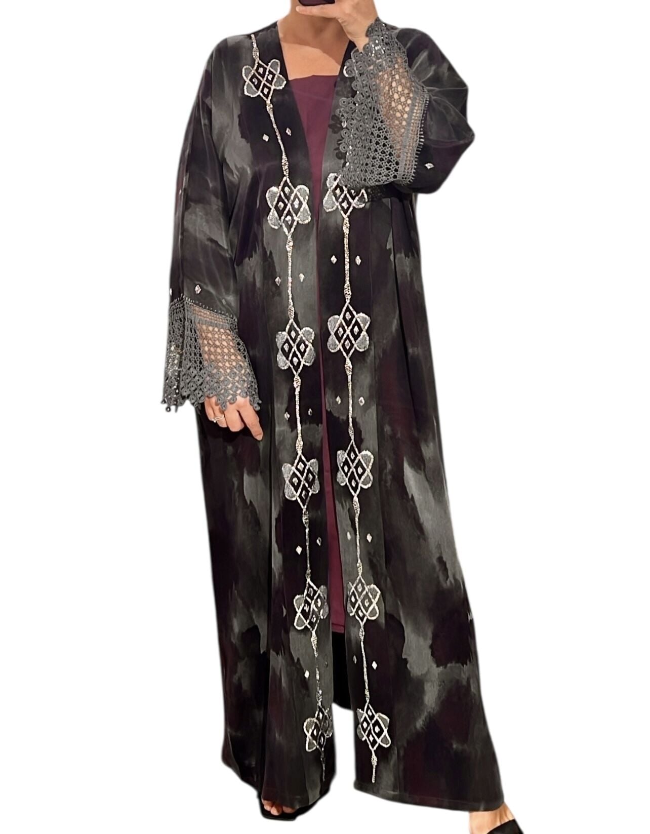 Crochet and Sarma with Silver Thread Washed Silk Fabric Abaya