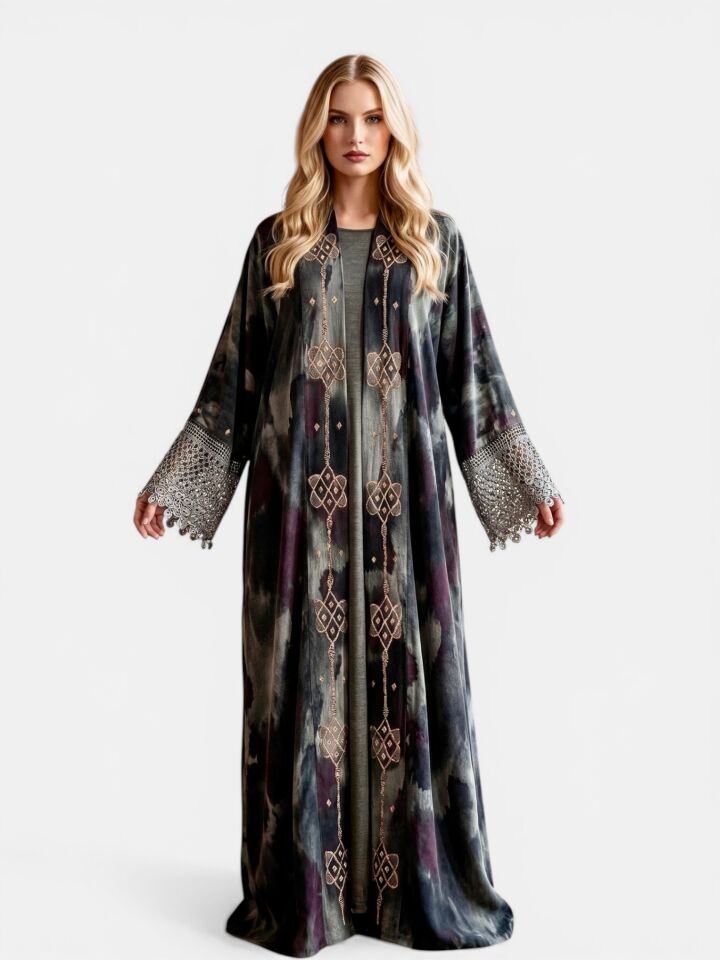 Crochet and Sarma with Silver Thread Washed Silk Fabric Abaya