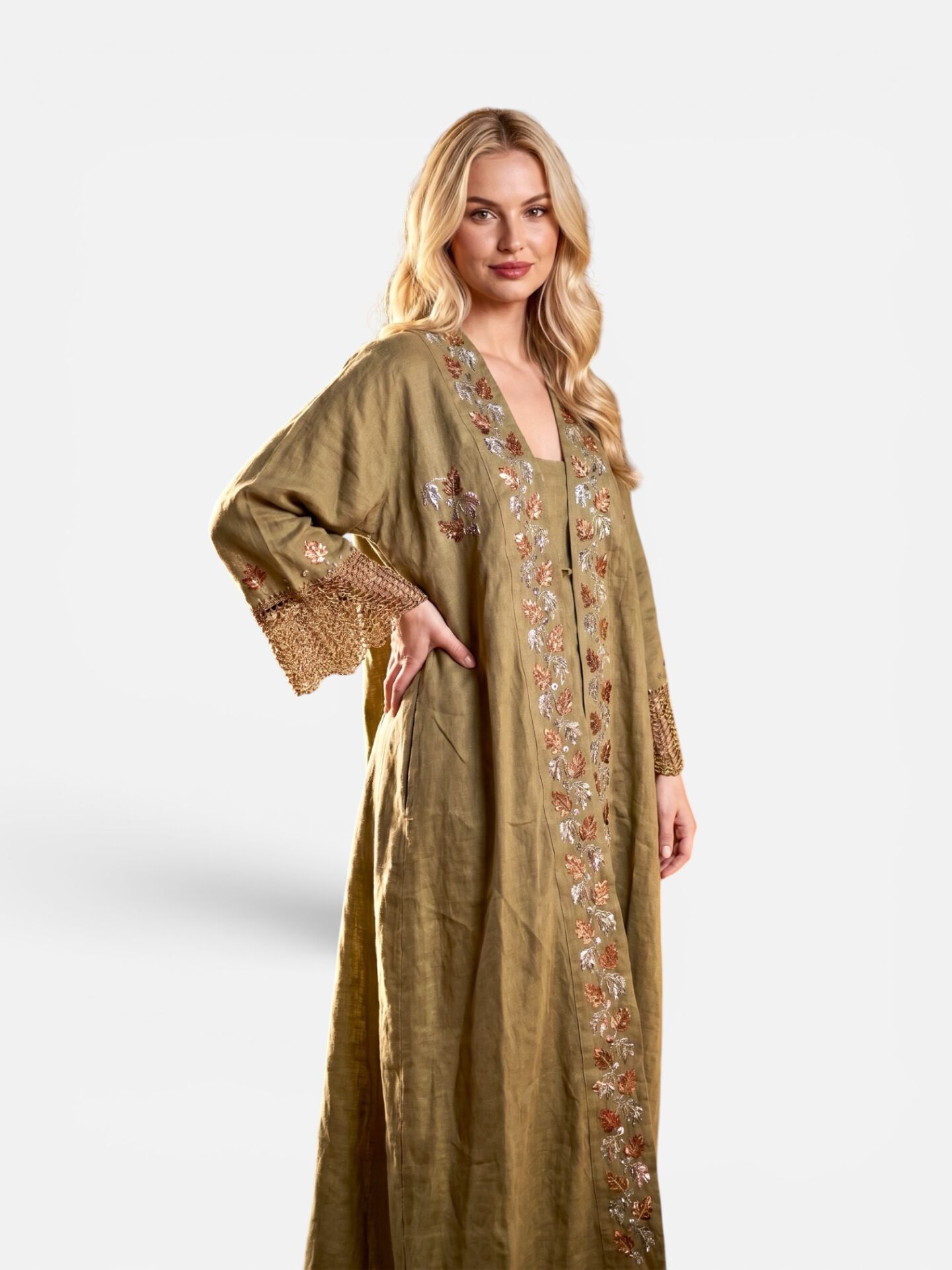 Green Crochet and Sarma Gold Thread Special Design Handmade Abaya