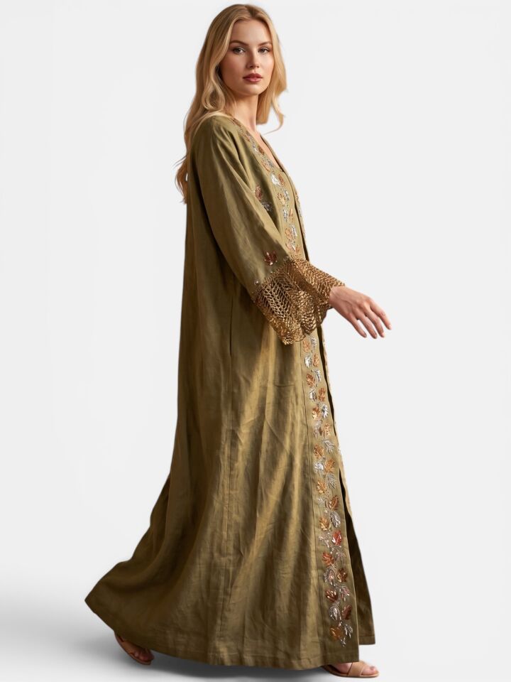 Green Crochet and Sarma Gold Thread Special Design Handmade Abaya