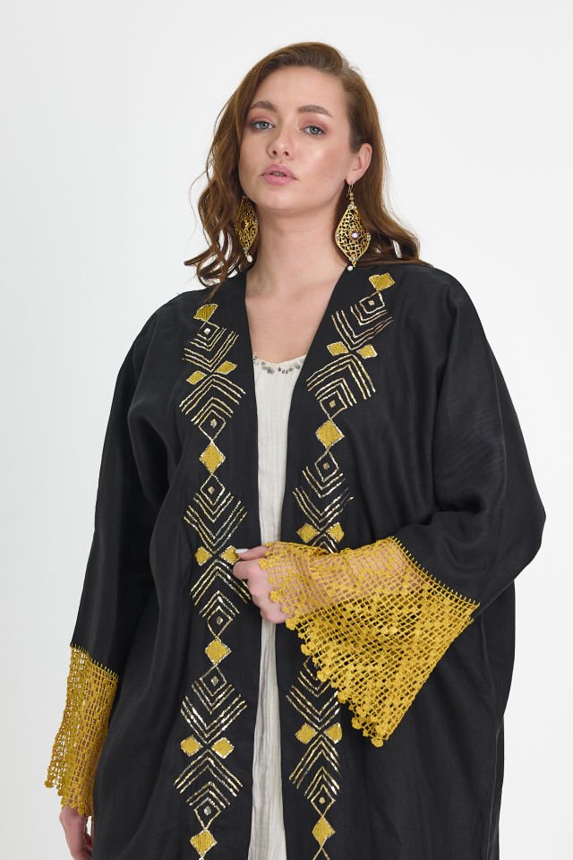 Crochet and Sarma with Silver Thread Black Abaya