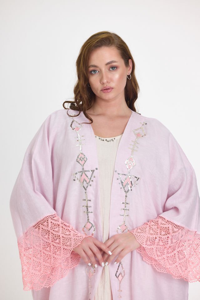Pink Crochet and Sarma with Silver Thread Abaya