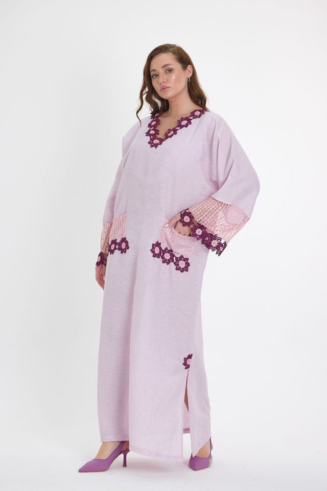 Lilac Silk Thread Crochet Handmade Linen Dress