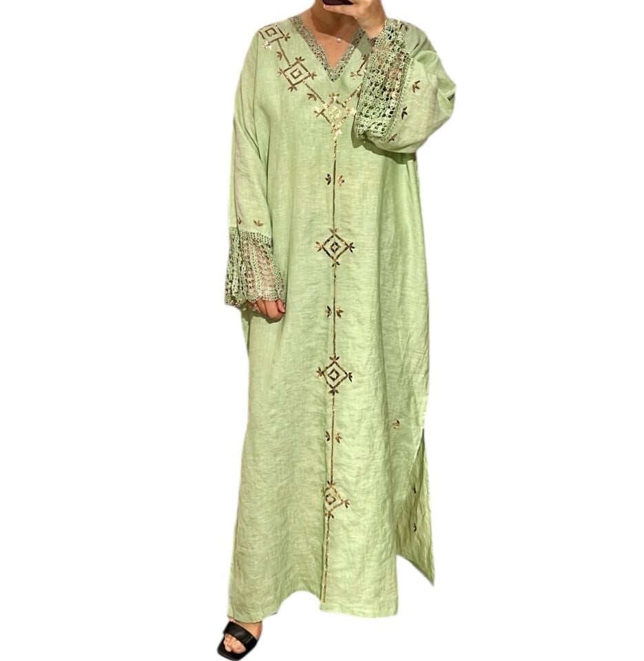 Crochet and Sarma with Gold Plated Thread Green Color Handmade Dress