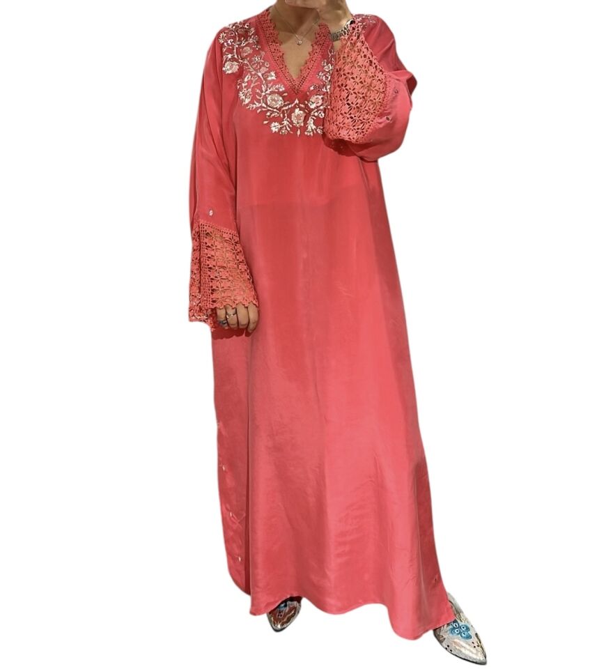Silk and Sarma With Silver Thread Embroidery on Crochet Silk Fabric Dress