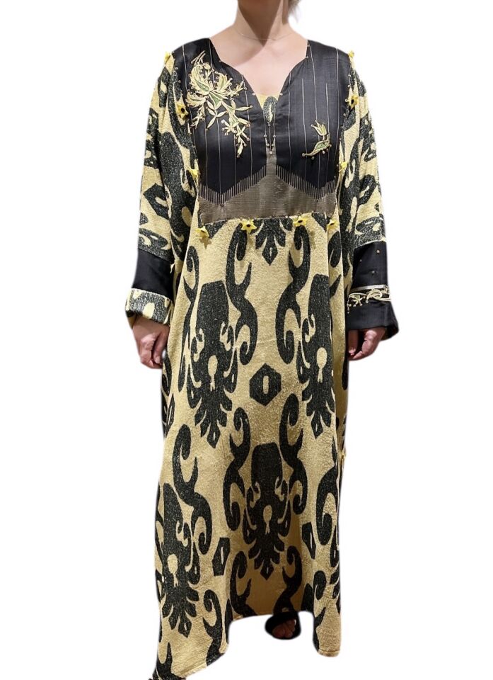 Silk and Gold Detailed Antique Piece Fabric Silk Velvet Fabric Dress