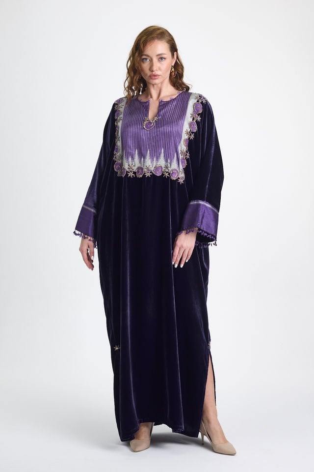 Silk and Gold Detailed Antique Piece Fabric Silk Velvet Purple Color  Dress