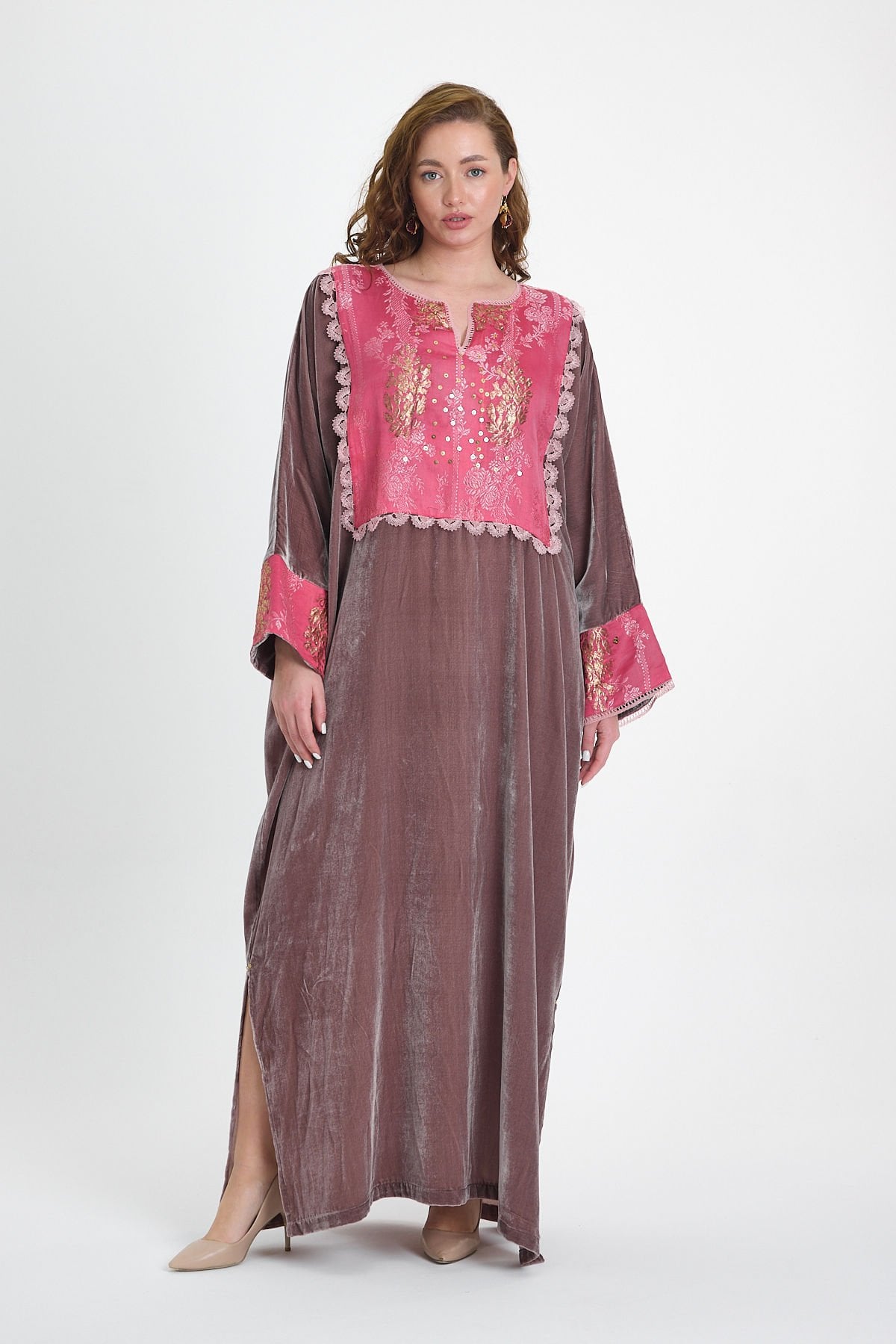 Antique Fabric and Gold Embroidered Silk Velvet Powder Color Dress