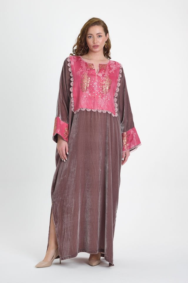 Antique Fabric and Gold Embroidered Silk Velvet Powder Color Dress