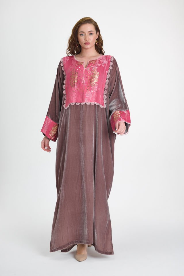 Antique Fabric and Gold Embroidered Silk Velvet Powder Color Dress
