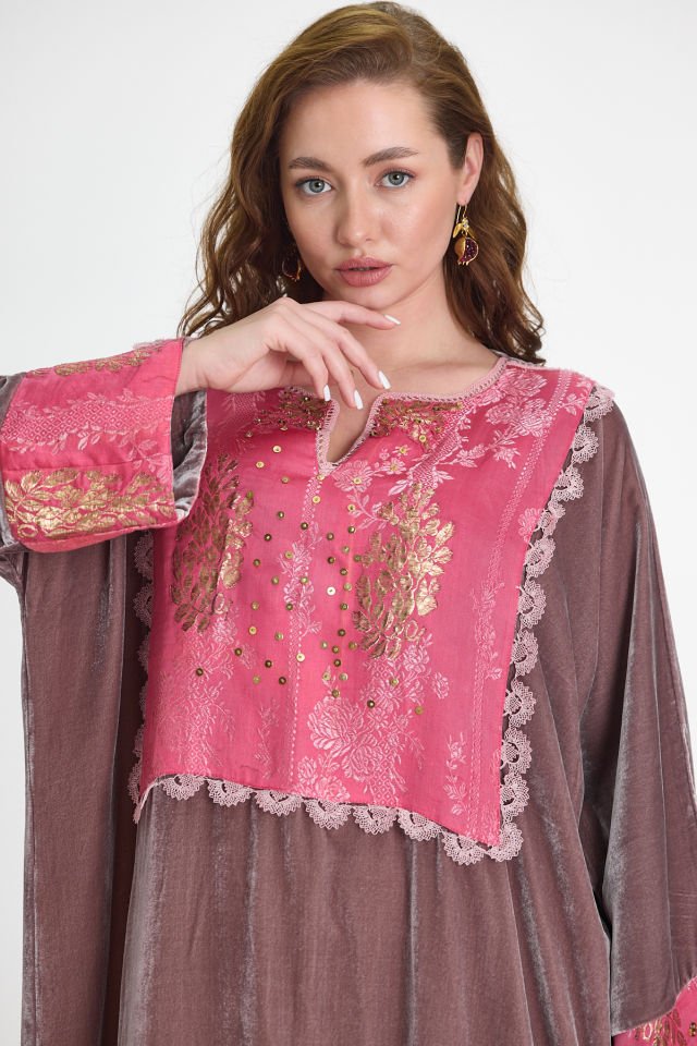 Antique Fabric and Gold Embroidered Silk Velvet Powder Color Dress