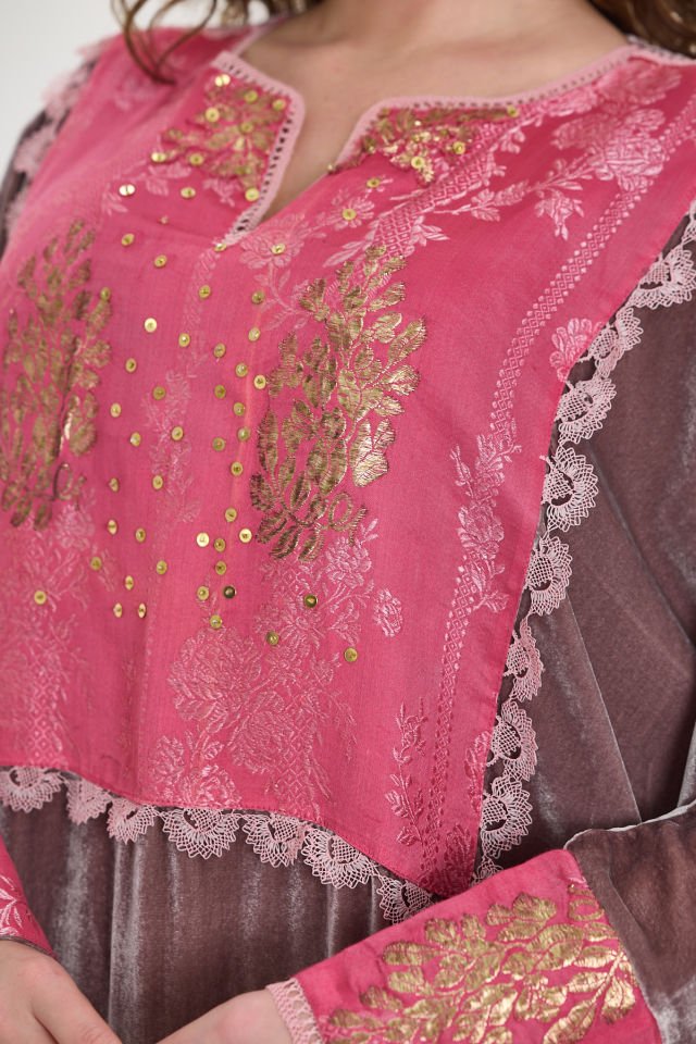 Antique Fabric and Gold Embroidered Silk Velvet Powder Color Dress