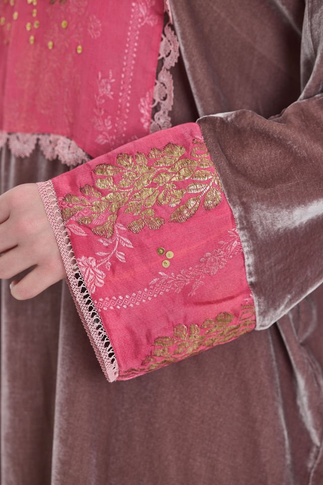 Antique Fabric and Gold Embroidered Silk Velvet Powder Color Dress