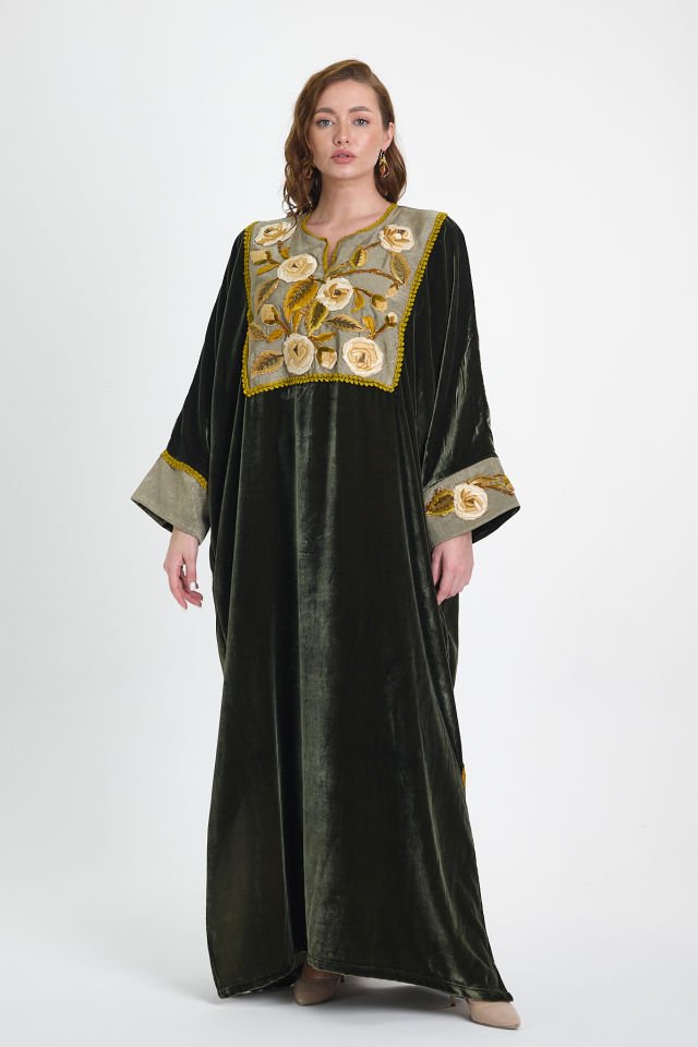Silk Velvet Fabric and Antique Detailed Green Color Dress