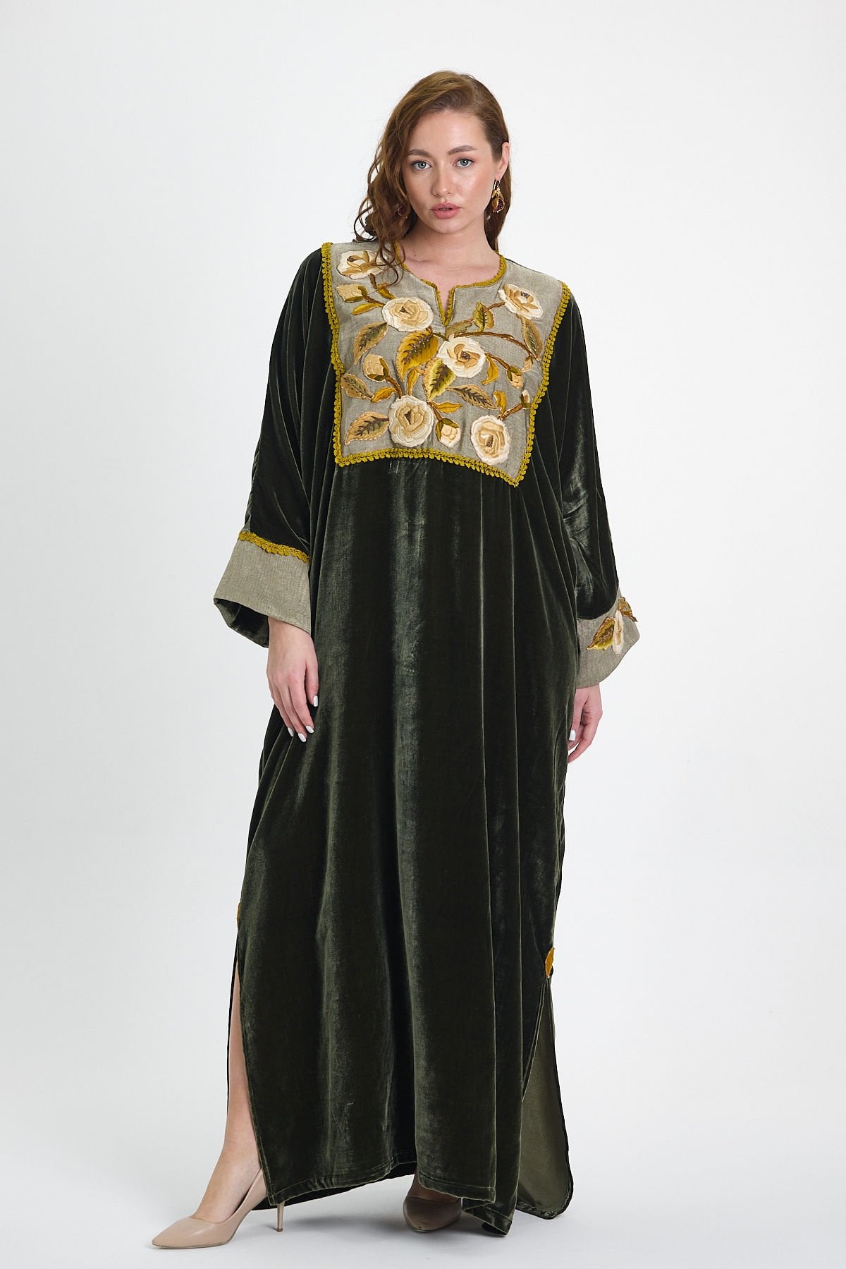 Silk Velvet Fabric and Antique Detailed Green Color Dress
